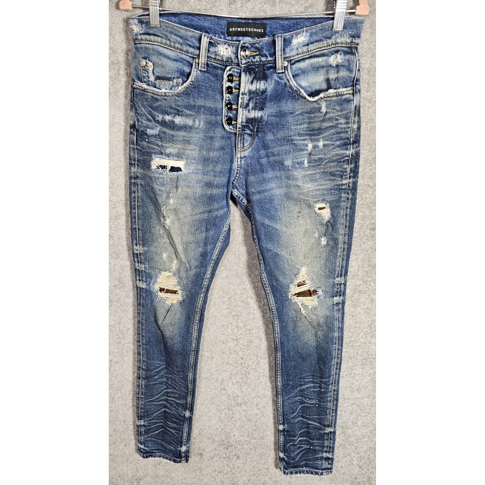 ARTMEETSCHAOS Button Fly‎ Skinny Jeans Mens Size 31x31 Distressed Paint Splatter